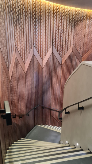 View from the top of a curving staircase featuring grand brown korowai designed panels on the left.