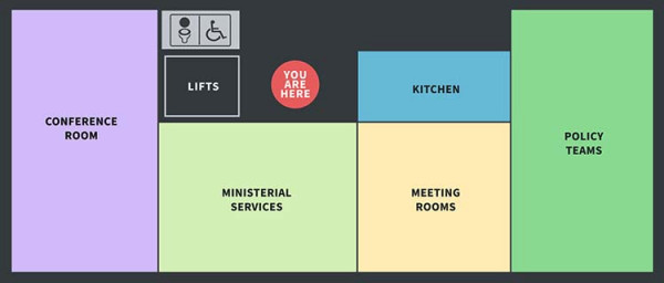 A floor plan map of a single floor of a government agency building, with area purposes marked.