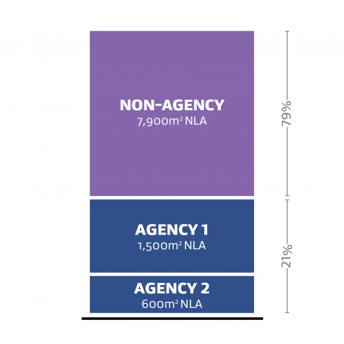 A representation of two different agencies (Agency 1 and Agency 2) occupying 21% of the Net Leased Area (NLA) and a non-agency occupying 79% of the Net Leased Asset (NLA).