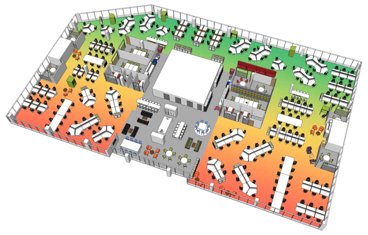 A diagram of an open-plan office, shaded green on top to represent space for quiet, individual work, and red on the bottom to represent space for team work.