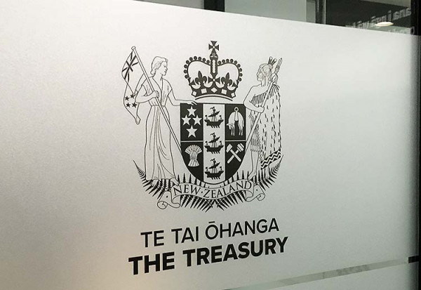 An example of secondary branding, the Treasury logo on frosted glass where it can be moved if they leave the space.